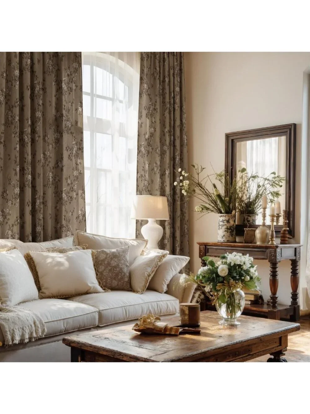 Floral Print Brown Linen Curtains, 2 Panels, W52 x L84 - Elegant Home Decor